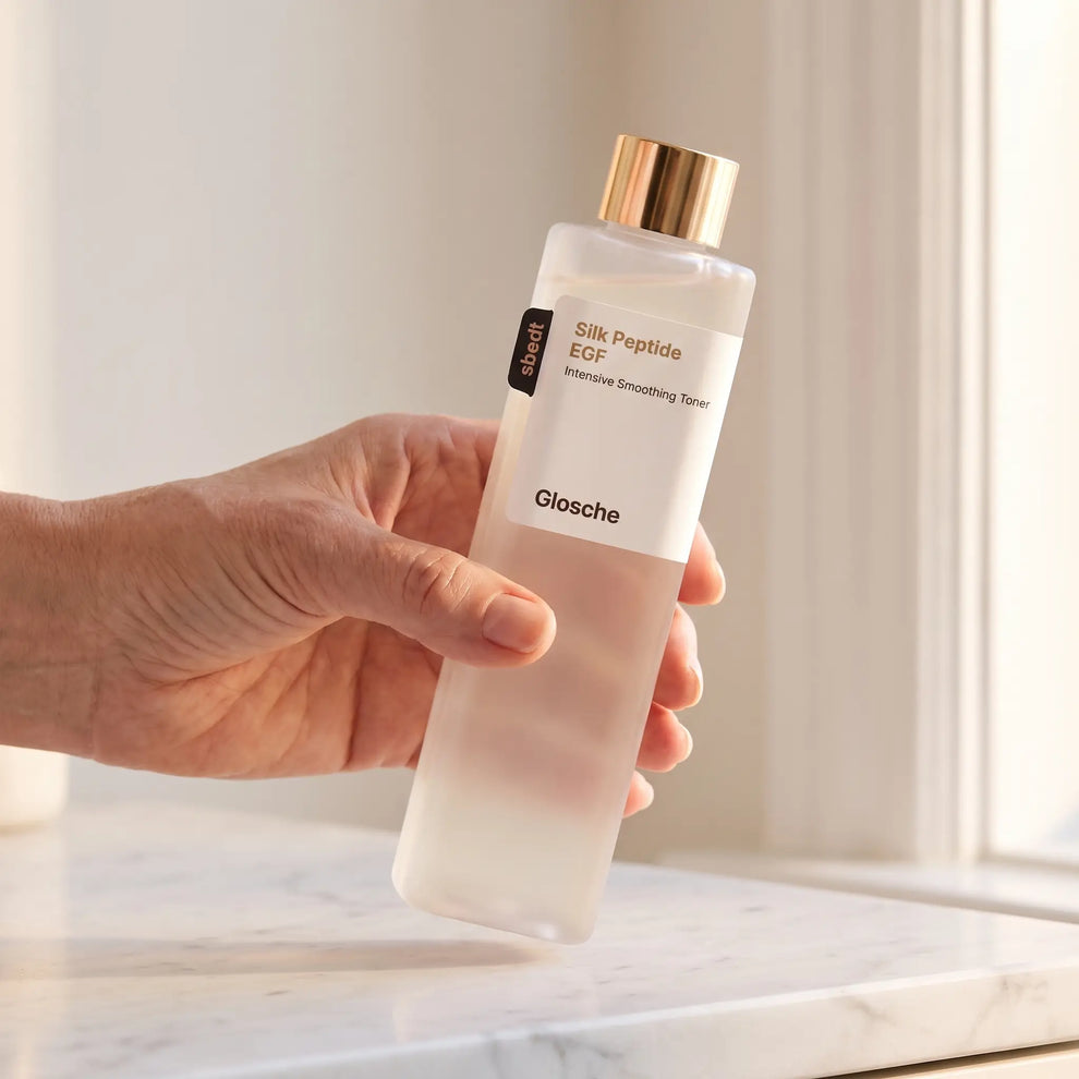 Glosche toner held in hand on a marble counter